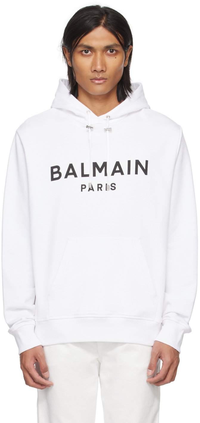 Shop Balmain White Printed Hoodie In Gab Blanc/noir