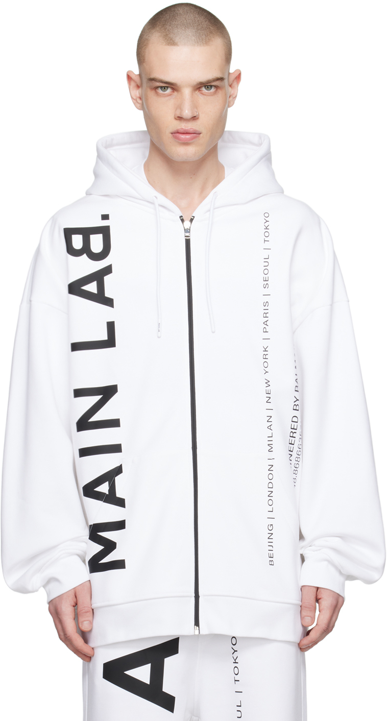 Balmain White Zipped Hoodie In Gab Blanc/noir