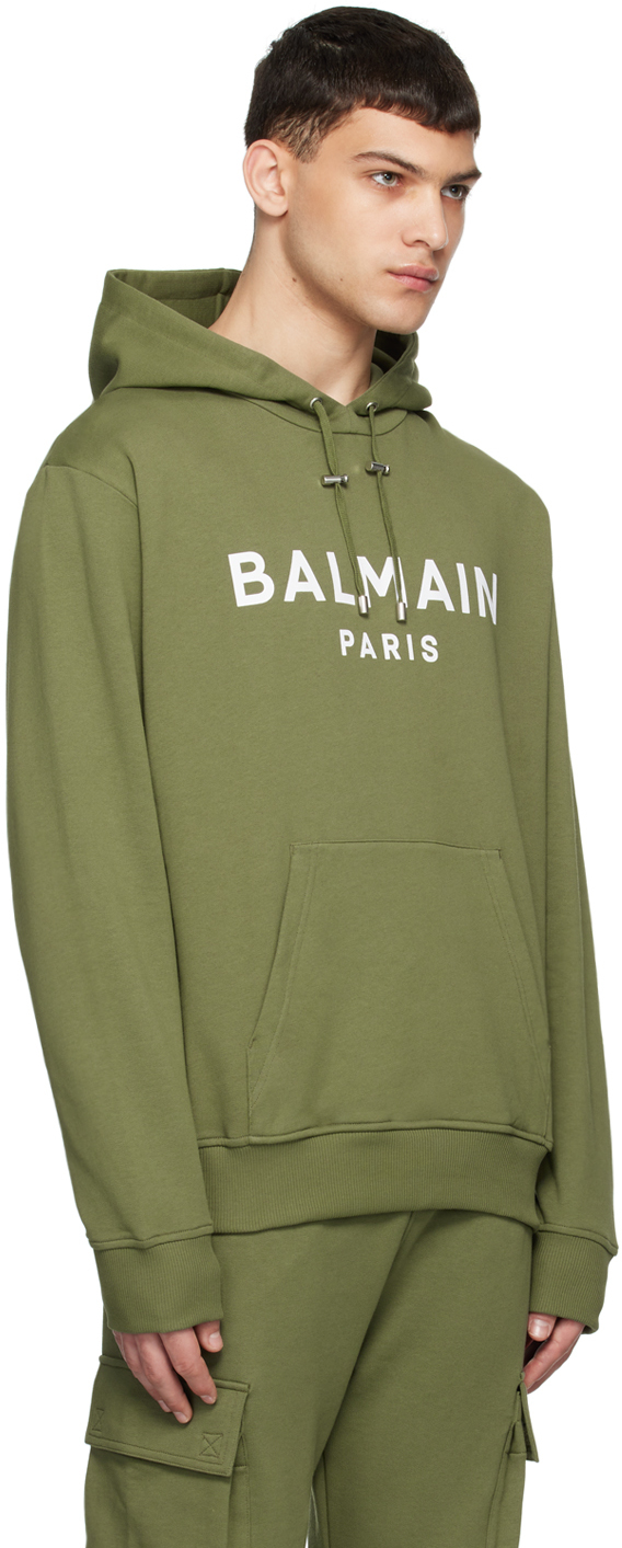 Shop Balmain Khaki Paris Print Hoodie In Uio Kaki/blanc