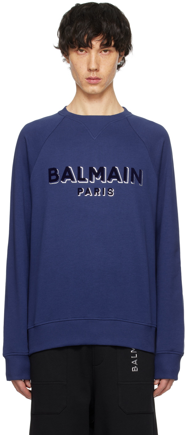 Balmain Blue Metallic Flocked Sweatshirt In Slk Bleu Foncã‰