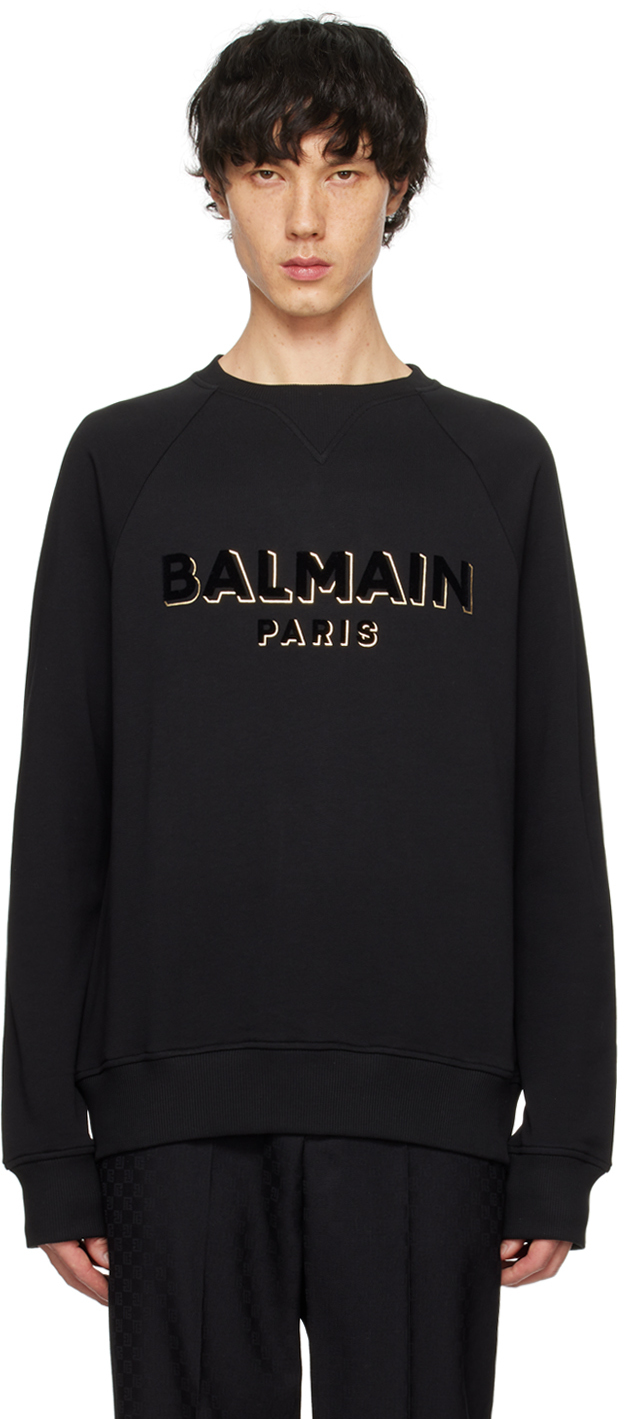Shop Balmain Black Metallic Flocked Sweatshirt In Ego Noir/noir/or