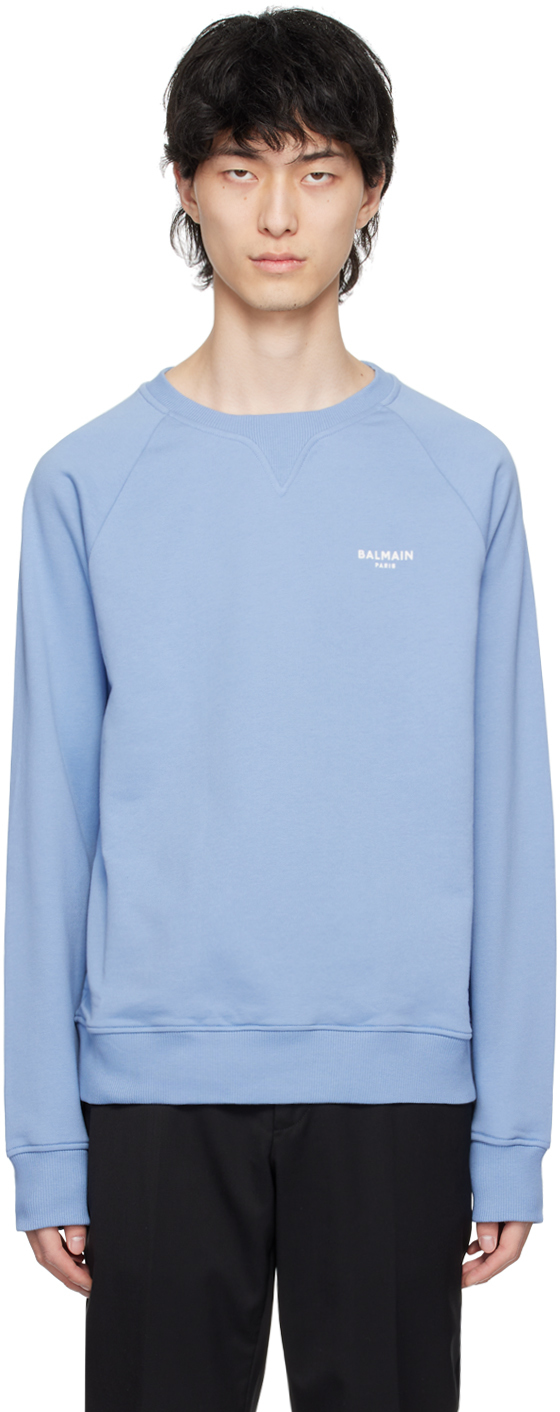 Shop Balmain Blue Flocked Sweatshirt In Slf Bleu Pã‚le