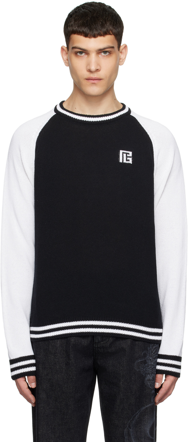 Shop Balmain Black & White Pb Signature Sweater In Eab Noir/blanc