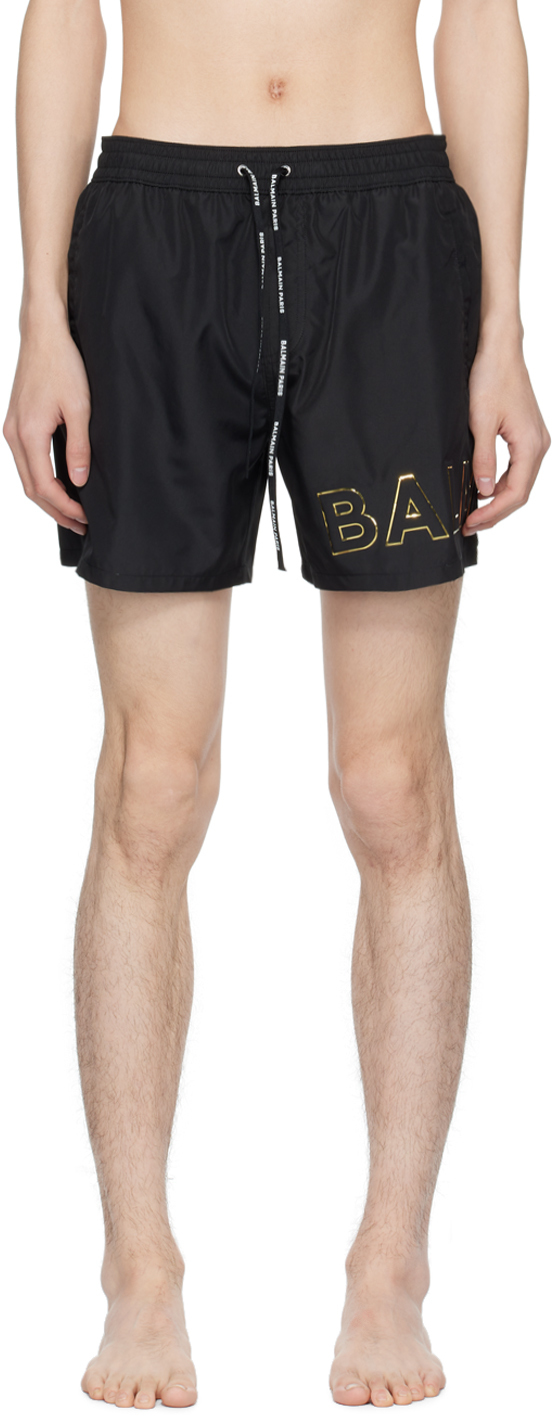 Balmain Black Embossed Swim Shorts In 012 Black/gold