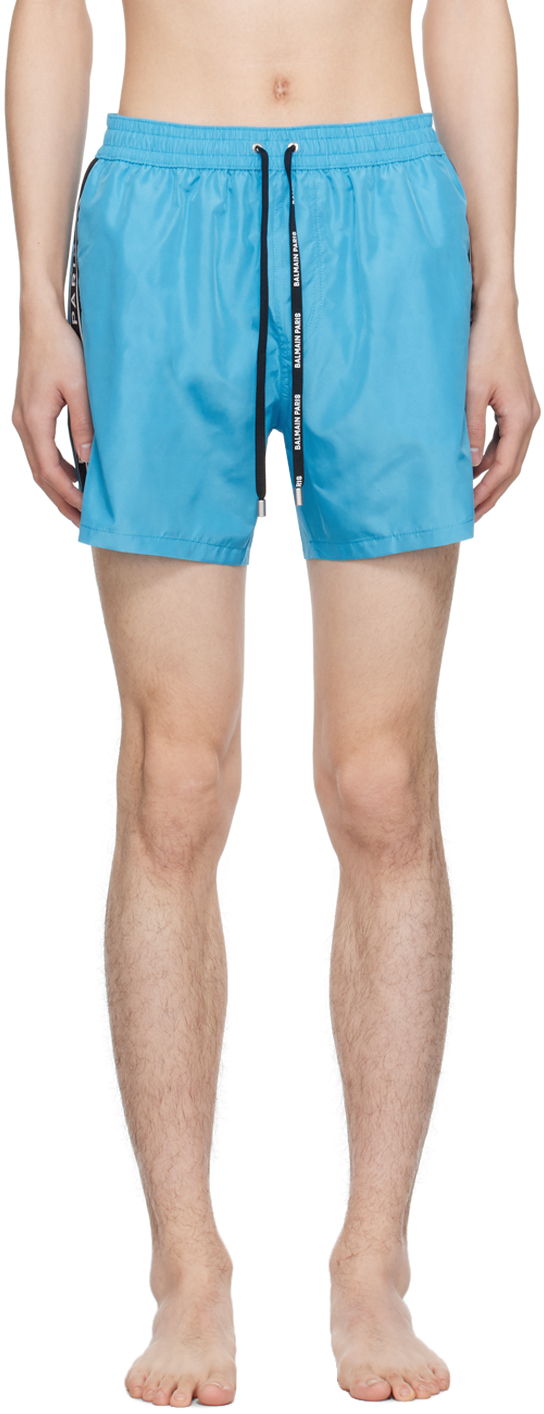 Balmain Blue Printed Swim Shorts In 456 Turquoise