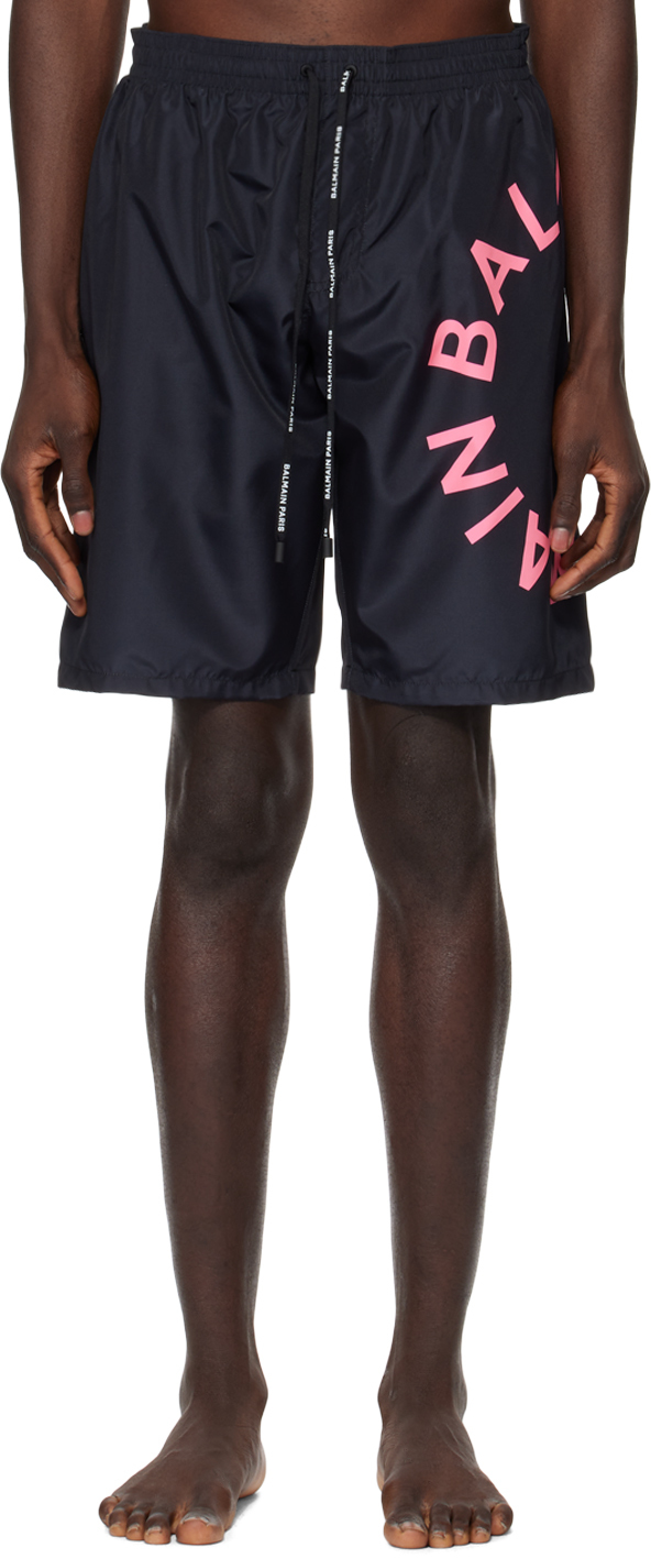 Shop Balmain Black Printed Swim Shorts In 003 Black/fluo Pink