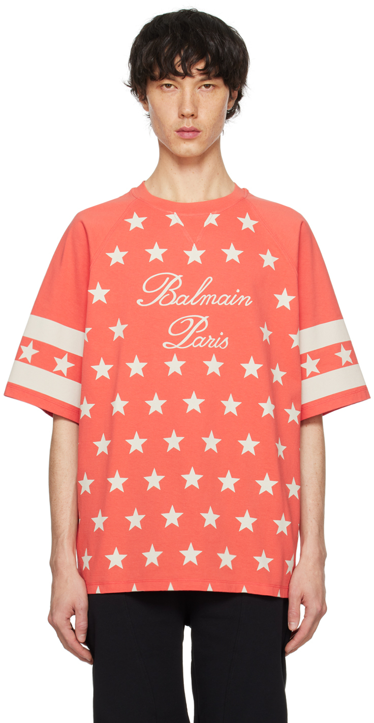 Shop Balmain Red Signature Stars T-shirt In Meq Coquelicot