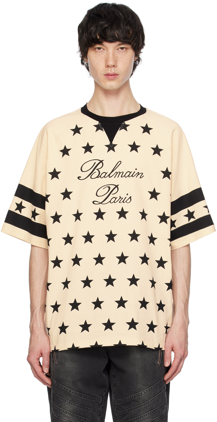 Balmain Beige Stars T-shirt In Got Crãˆme/noir