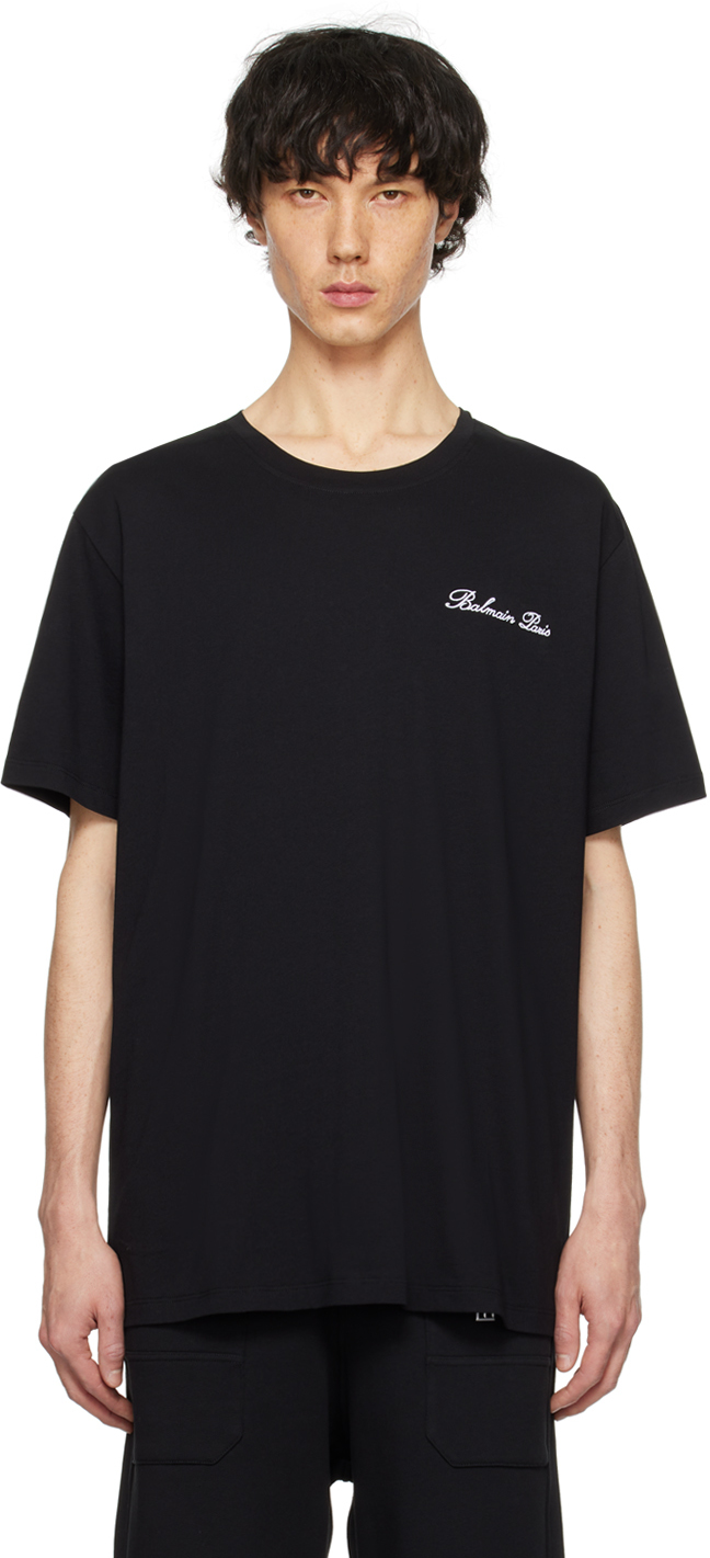 Shop Balmain Black Signature T-shirt In Eab Noir/blanc