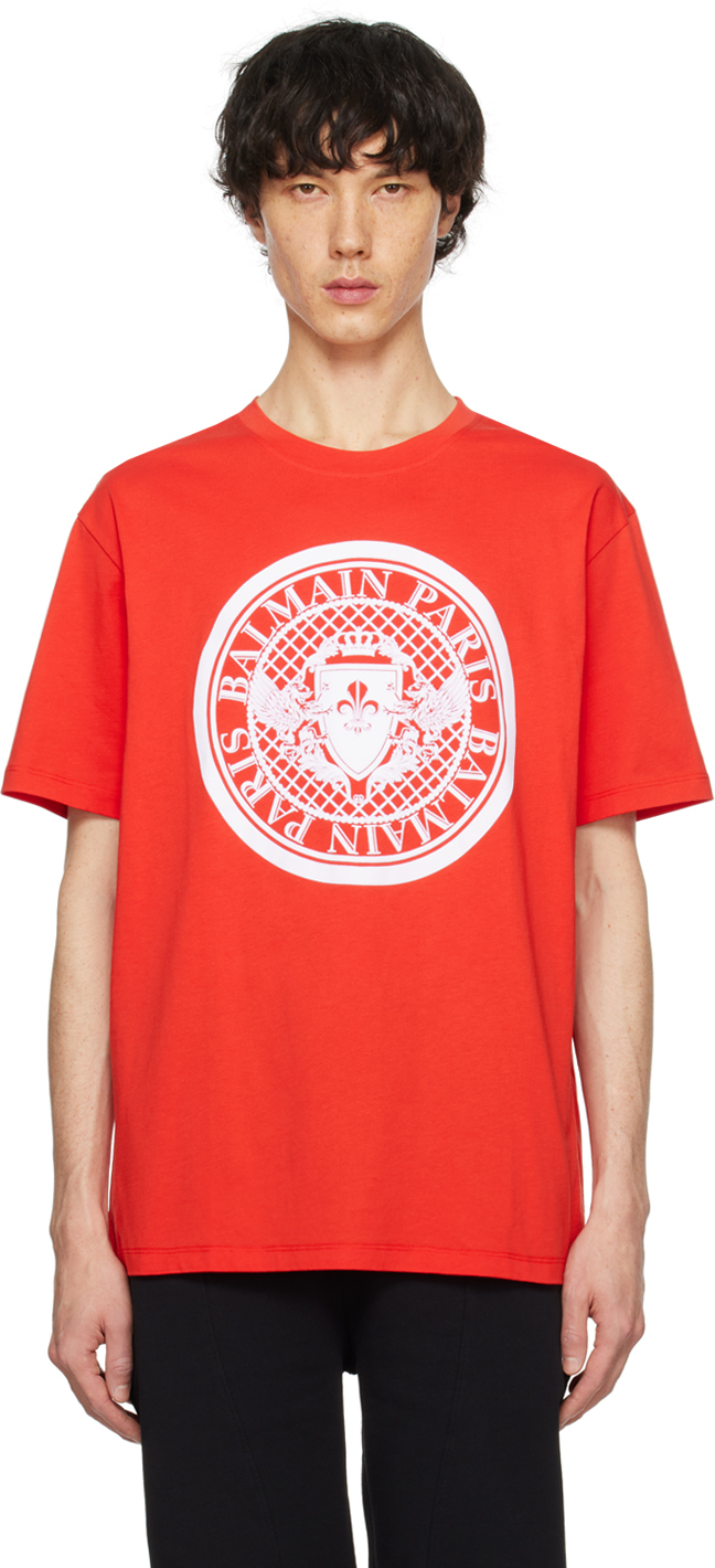 Shop Balmain Red Coin T-shirt In Mef Rouge/blanc