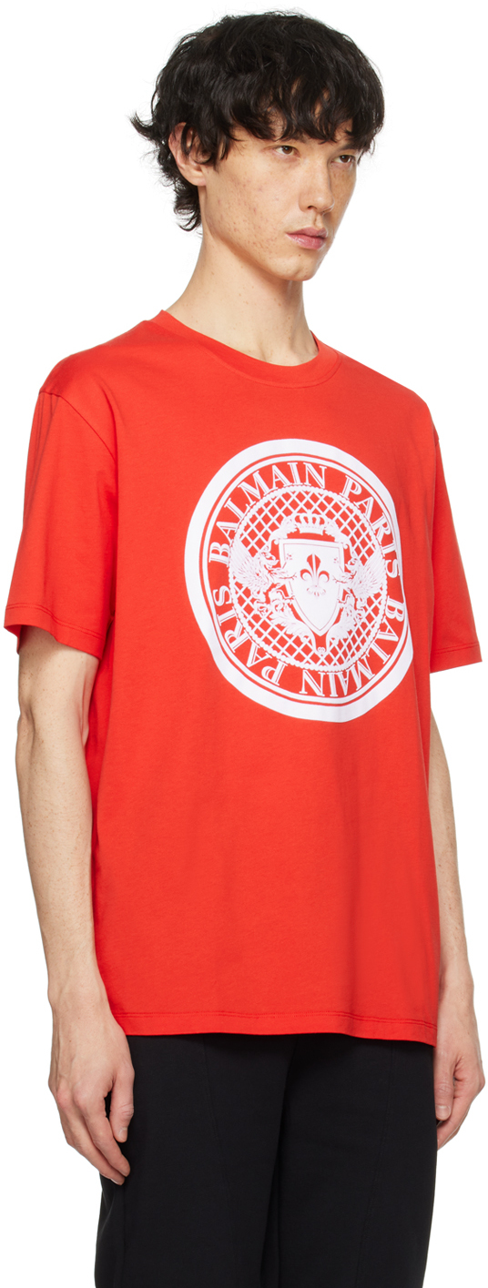 Balmain Coin Cotton T-shirt In Mef Rouge/blanc