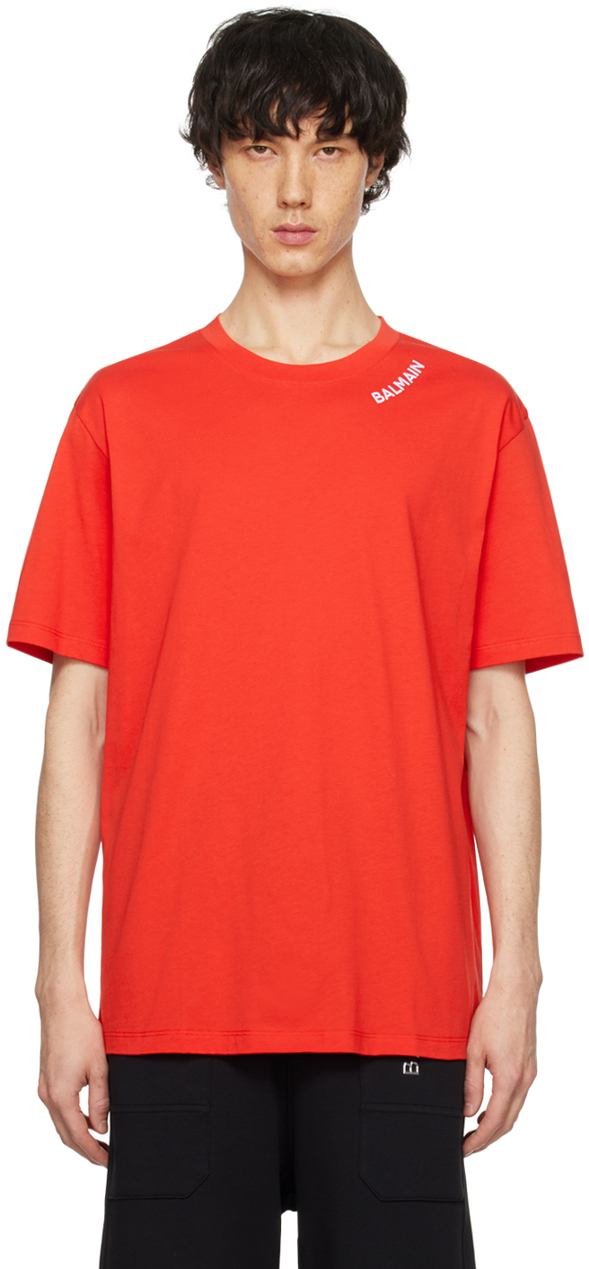 Shop Balmain Red Embroidered T-shirt In Mef Rouge/blanc
