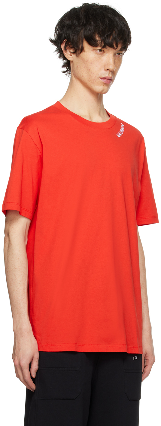 Balmain Logo Embroidered Organic Cotton T-shirt In Mef Rouge/blanc