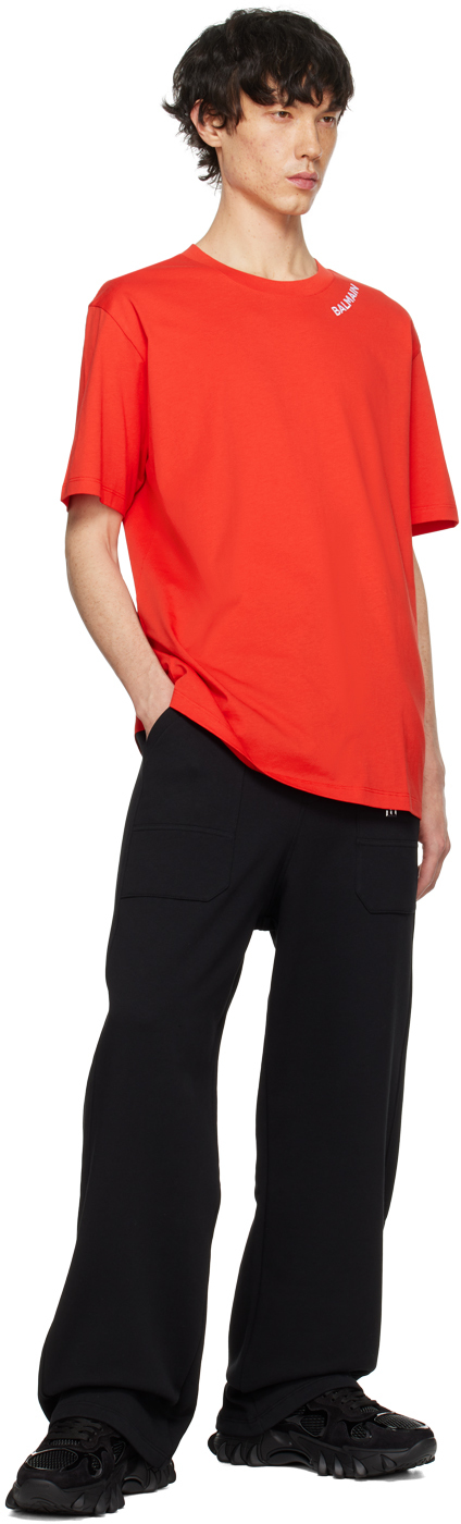 Balmain Logo Embroidered Organic Cotton T-shirt In Mef Rouge/blanc
