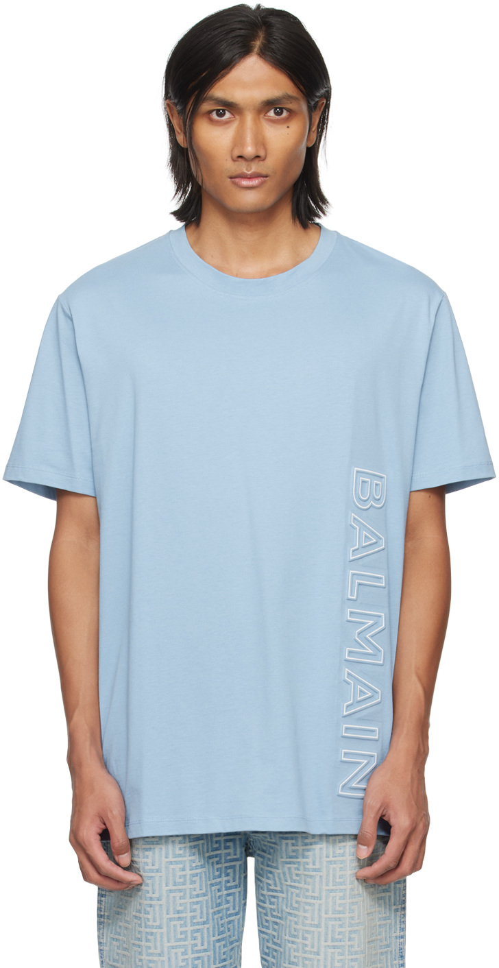 Balmain Blue Embossed T-shirt In Slj Bleu Pã‚le/blanc