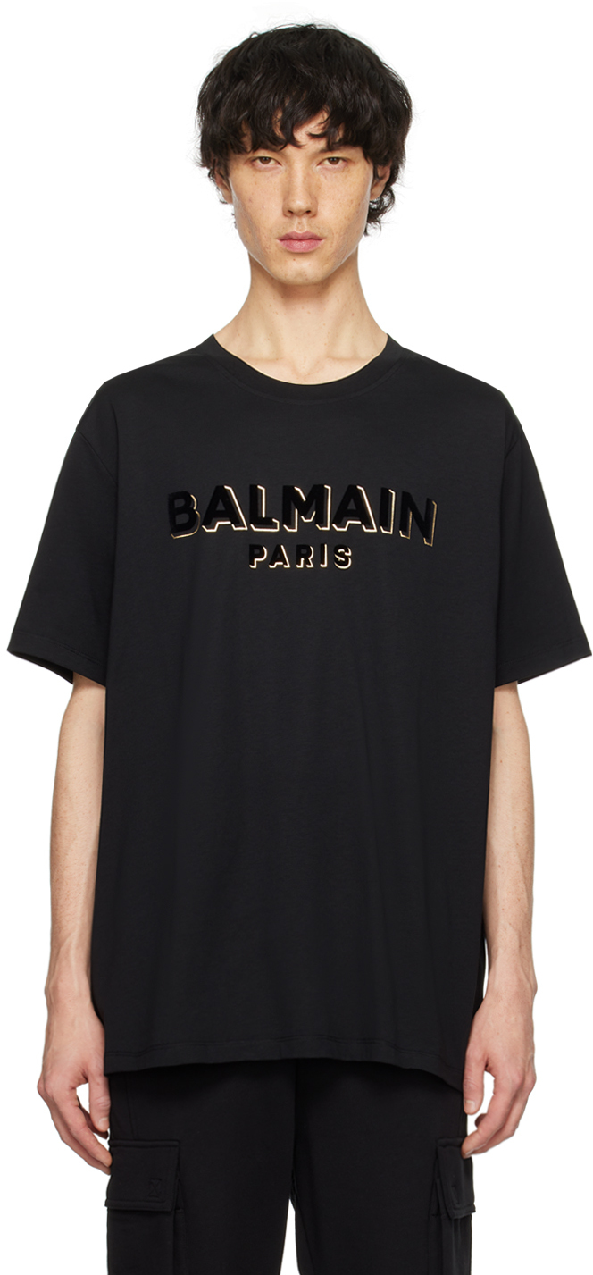Balmain Black Metallic Flocked T-shirt In Ego Noir/noir/or