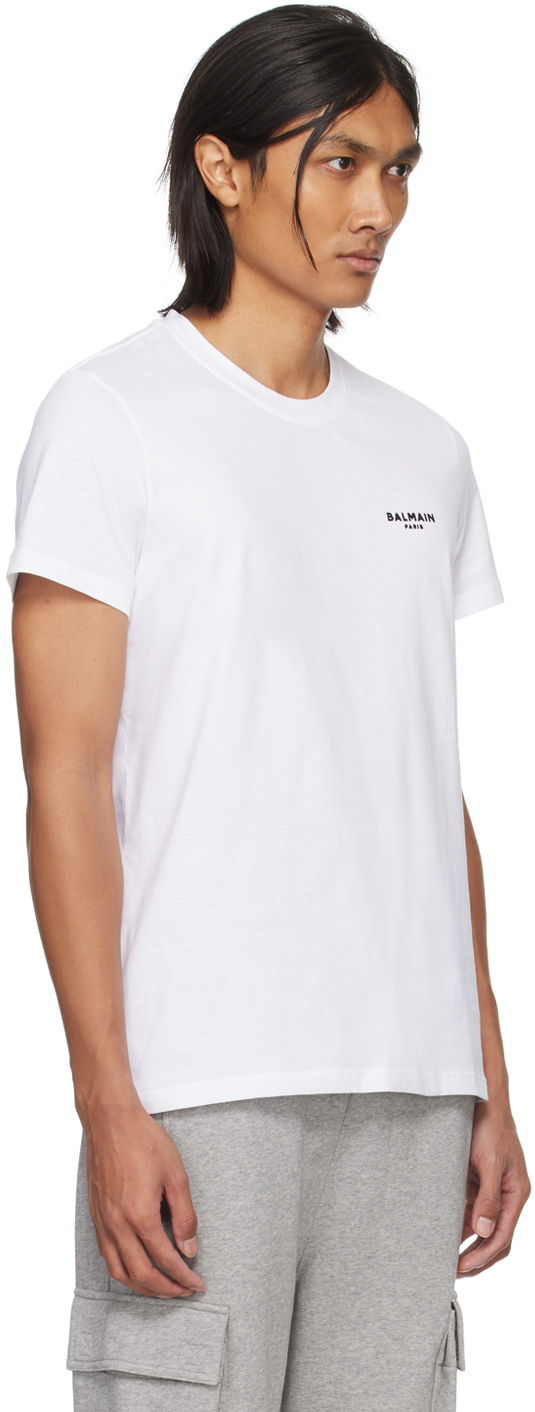 Balmain White Crewneck T-shirt With Logo Lettering Embroidery In Gab Blanc/noir