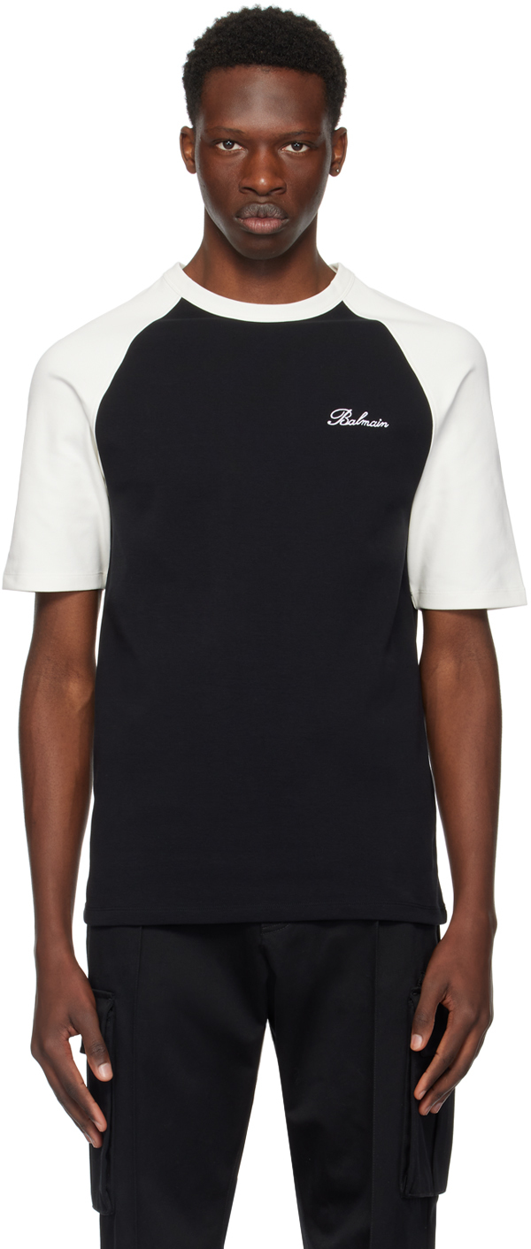 BALMAIN BLACK & OFF-WHITE EMBROIDERED T-SHIRT 