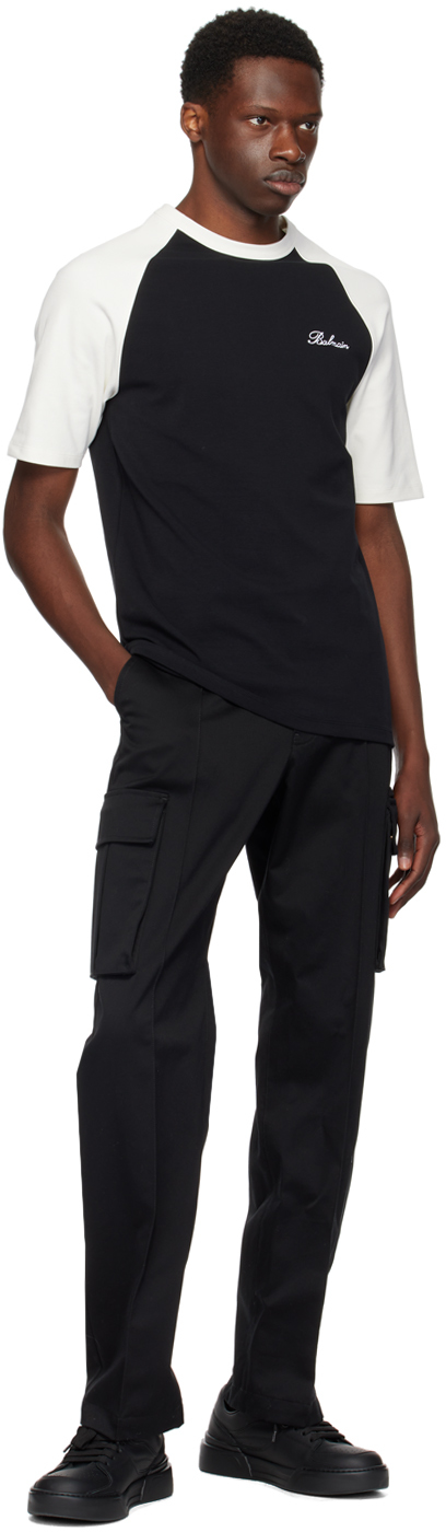 BALMAIN BLACK & OFF-WHITE EMBROIDERED T-SHIRT 