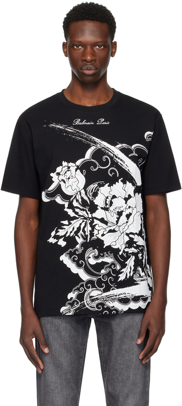 Shop Balmain Black Flower Print T-shirt In Eab Noir/blanc