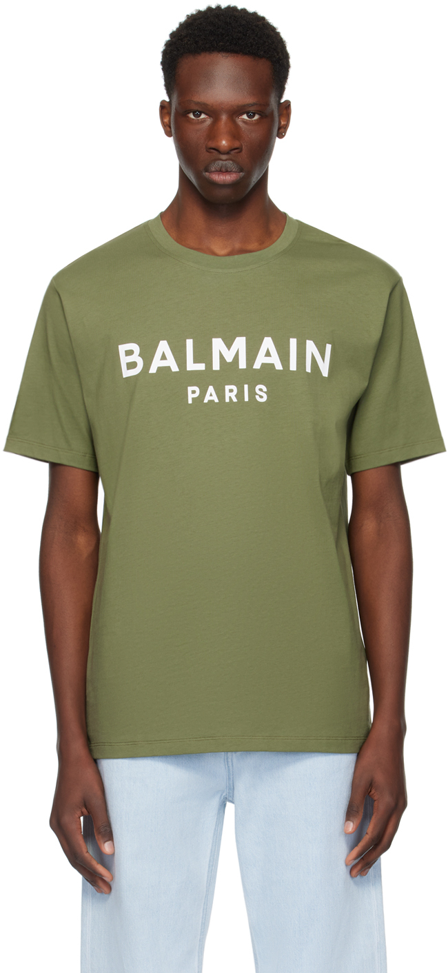 Balmain Green Crewneck T-shirt With Logo Lettering On The Front In Uhb Kaki/blanc