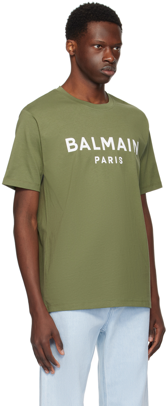 Balmain Green Crewneck T-shirt With Logo Lettering On The Front In Uhb Kaki/blanc