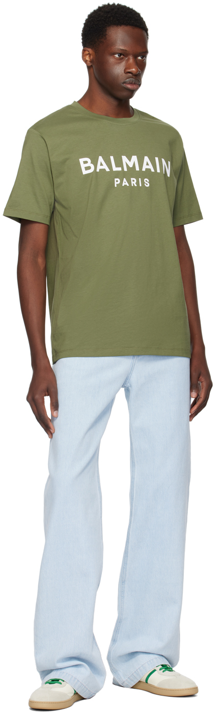 Balmain Green Crewneck T-shirt With Logo Lettering On The Front In Uhb Kaki/blanc