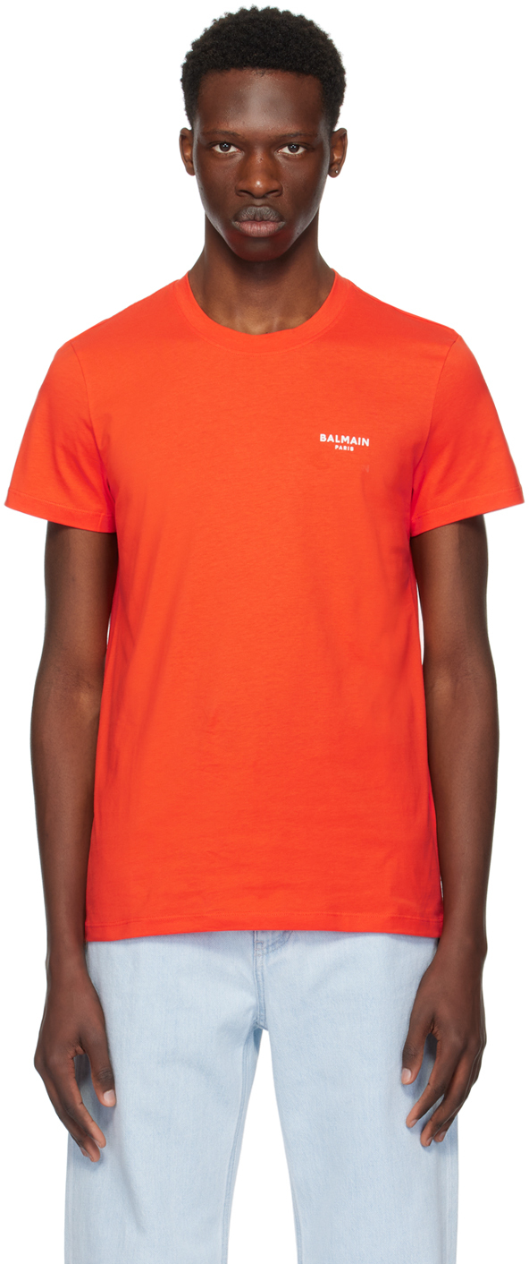 Shop Balmain Orange Flocked T-shirt In Kcz Corail/blanc