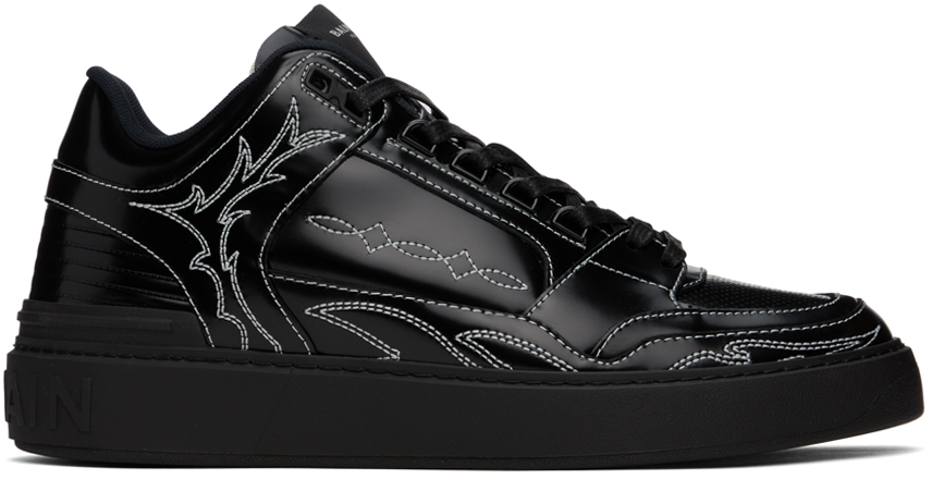 Shop Balmain Black B-court Mid Top Western Glazed Leather Sneakers In 0pa Noir
