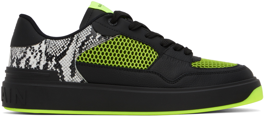 Shop Balmain Black & Green B-court Flip Snake-effect Sneakers In Egm Noir/gris Clair