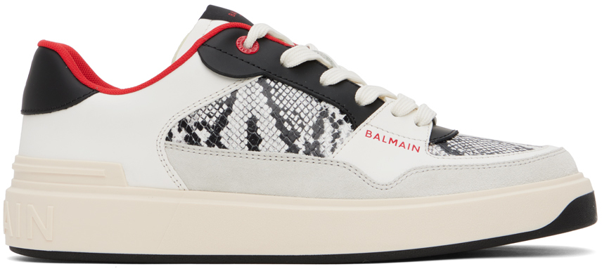 Shop Balmain Gray & White B-court Flip Snake-effect Sneakers In Gris/rouge Vif