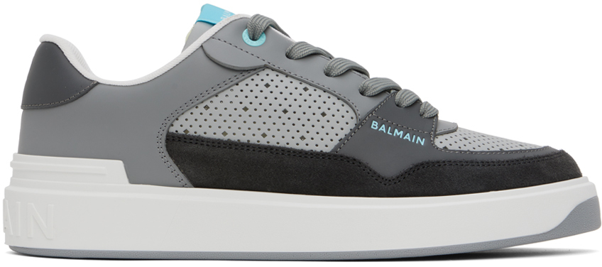 Balmain Gray & White B-court Flip Perforated Leather Sneakers In Sao Turquoise/blanc