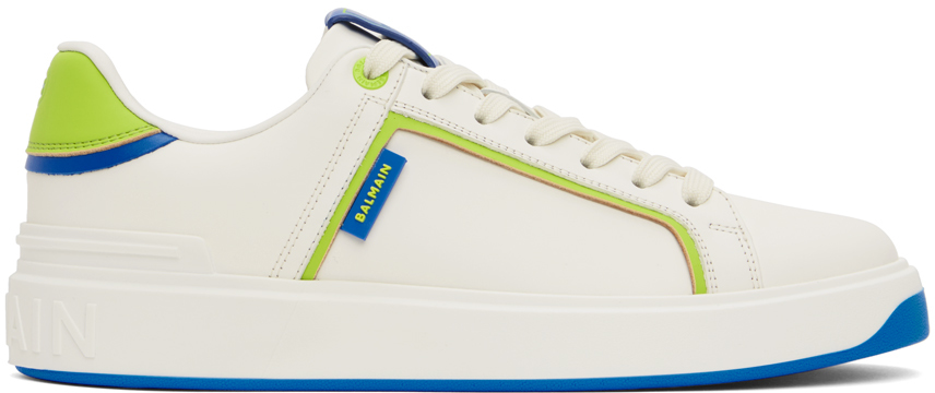 Balmain White B-court Smooth Leather Sneakers In Uak Vert/bleu