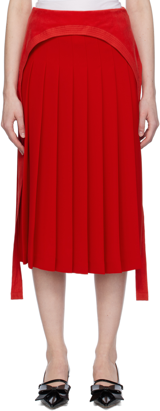 Pushbutton Red Pleated Midi Skirt