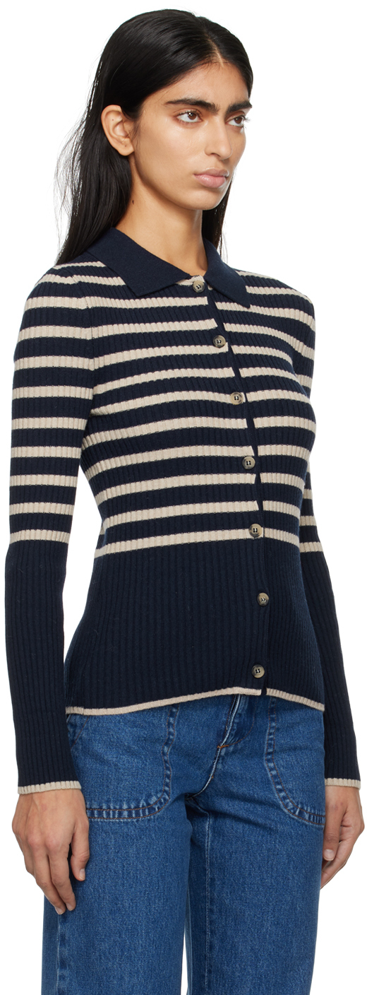 Apc Mallory Collared Neck Striped Ribbed Cardigan In Tiq Dark Navy/ecru