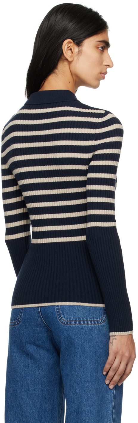 Apc Mallory Collared Neck Striped Ribbed Cardigan In Tiq Dark Navy/ecru