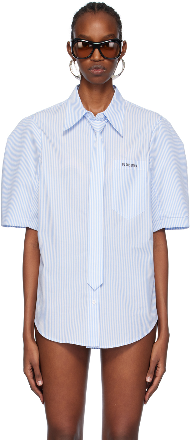 Pushbutton Blue & White Puff Shoulder Shirt In Blue/stripe