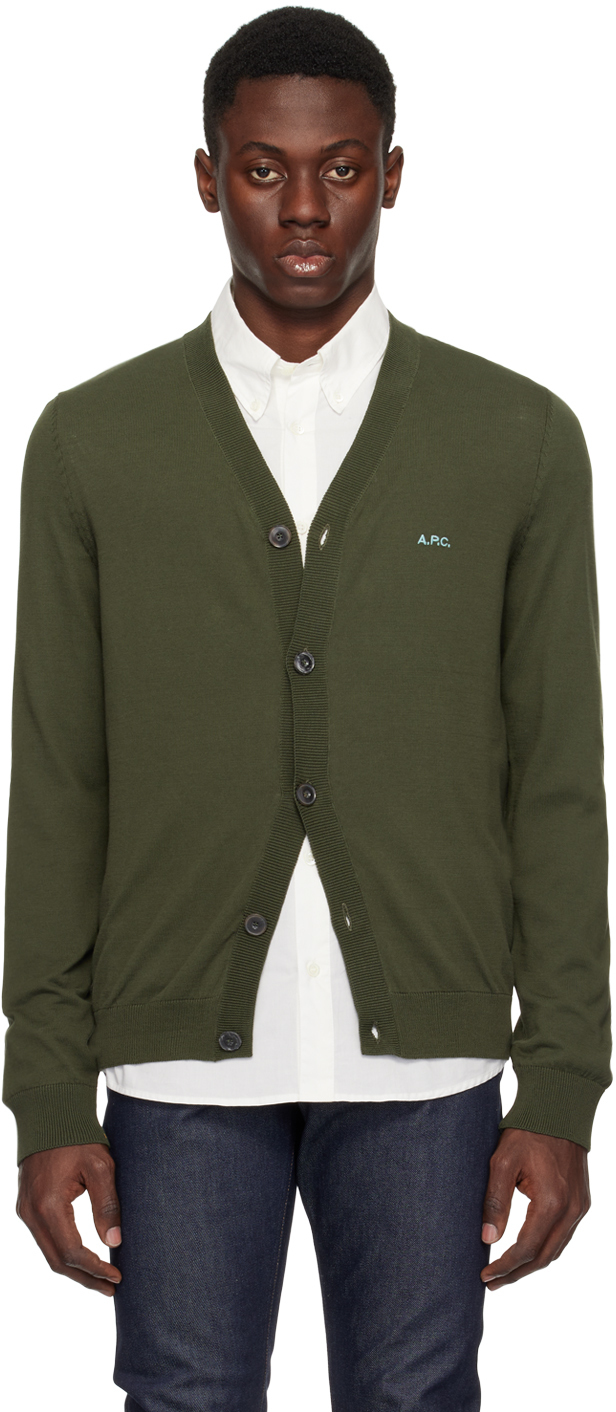 Shop Apc Green Curtis Cardigan In Jac Military Khaki