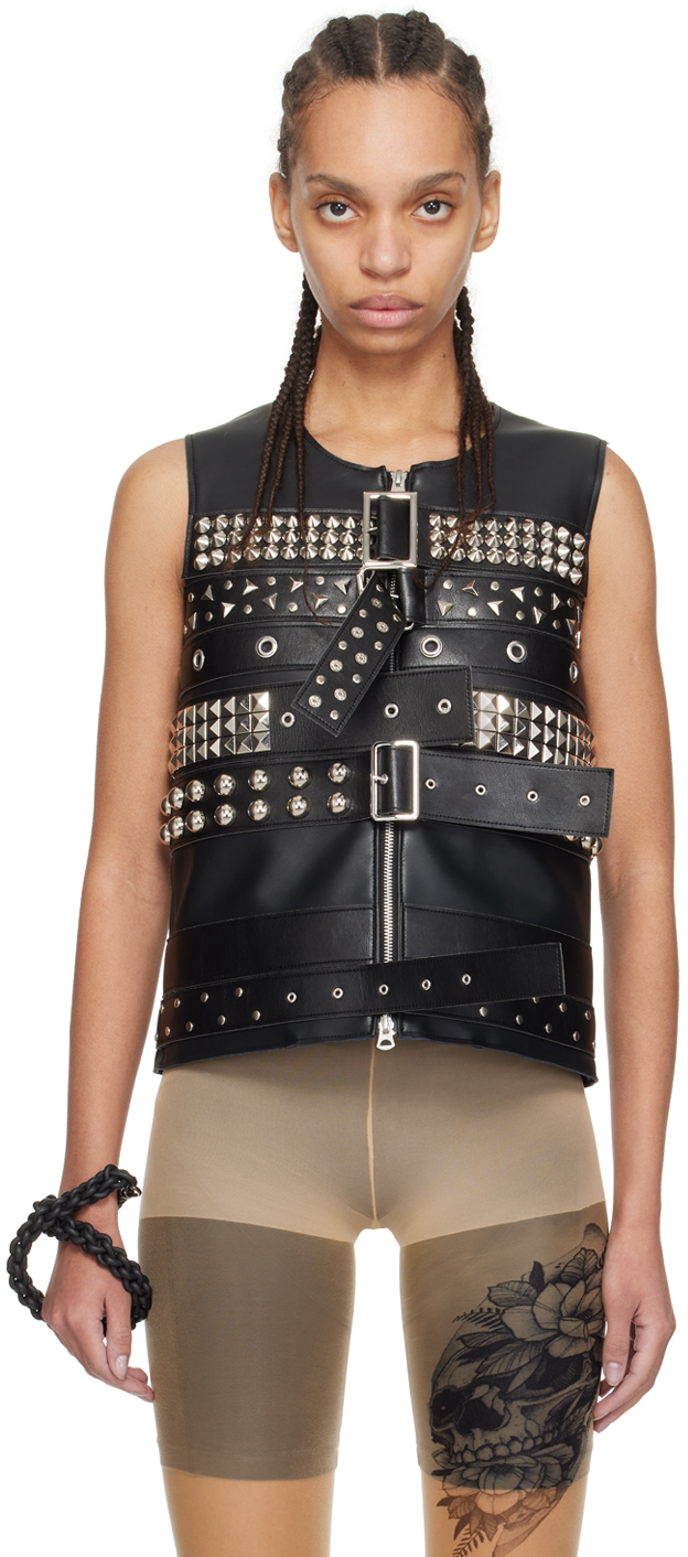 Shop Junya Watanabe Black Studded Faux-leather Vest In 1 Black/silver