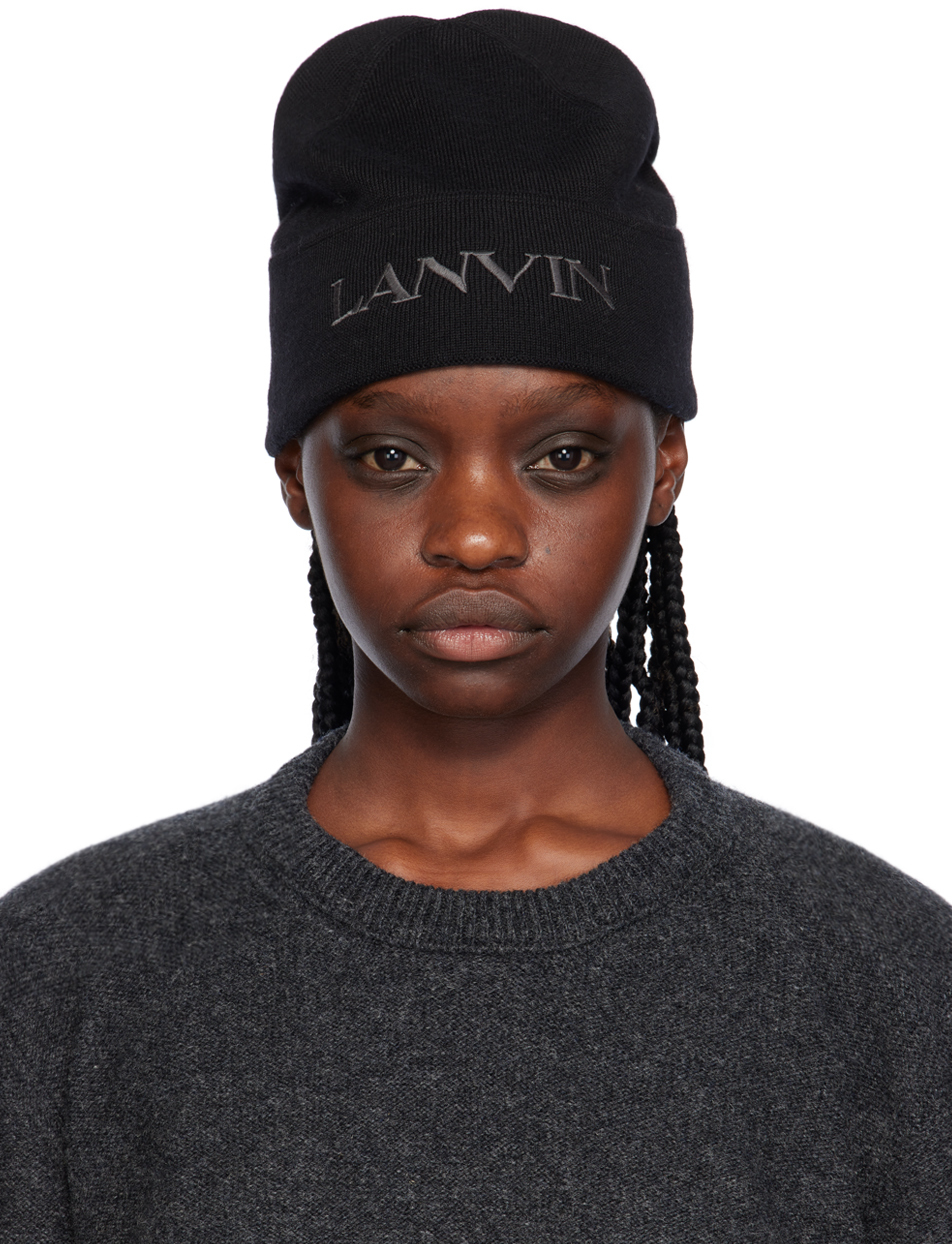 Shop Lanvin Black Embroidered Beanie In 9 Black/grey