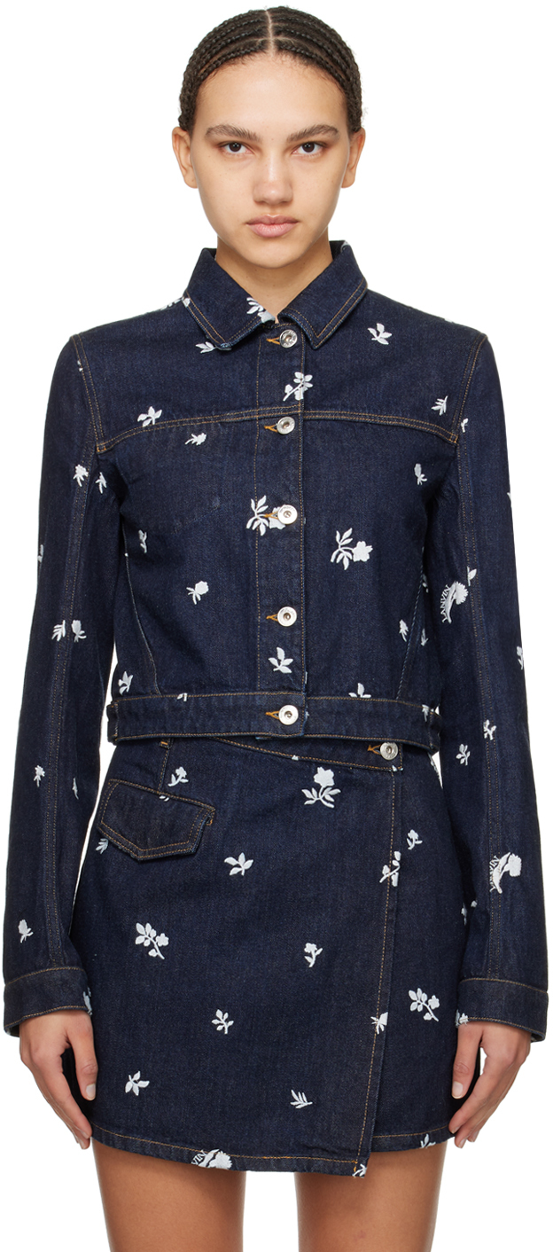 Shop Lanvin Navy Embroidered Denim Jacket In 29 Navy Blue