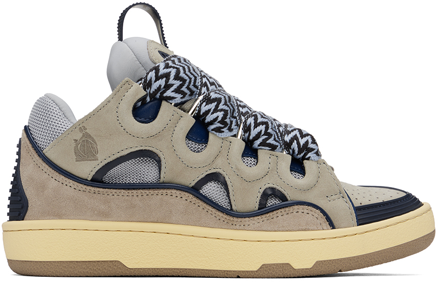 Shop Lanvin Gray & Navy Leather Curb Sneakers In Vanille