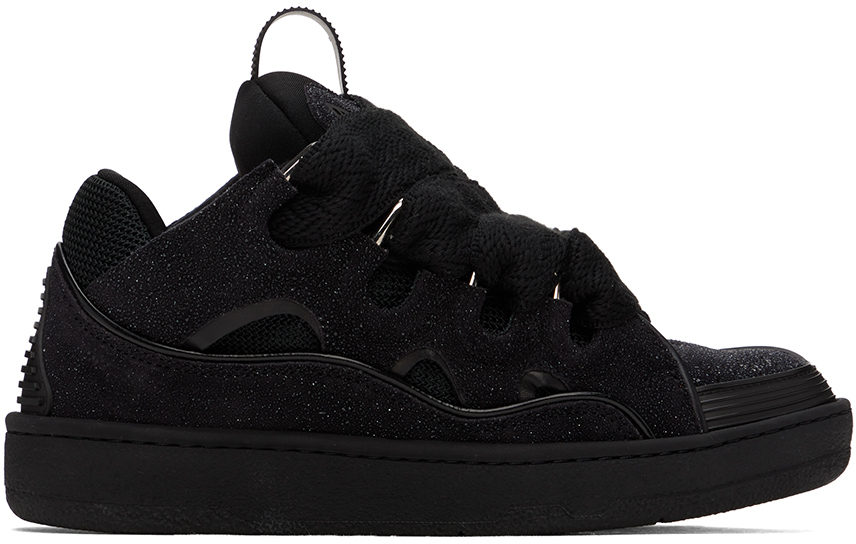 Black Glitter Leather Curb Sneakers by Lanvin on Sale