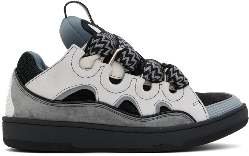 Shop Lanvin Gray Leather Curb Sneakers In 0018 White/anthracit