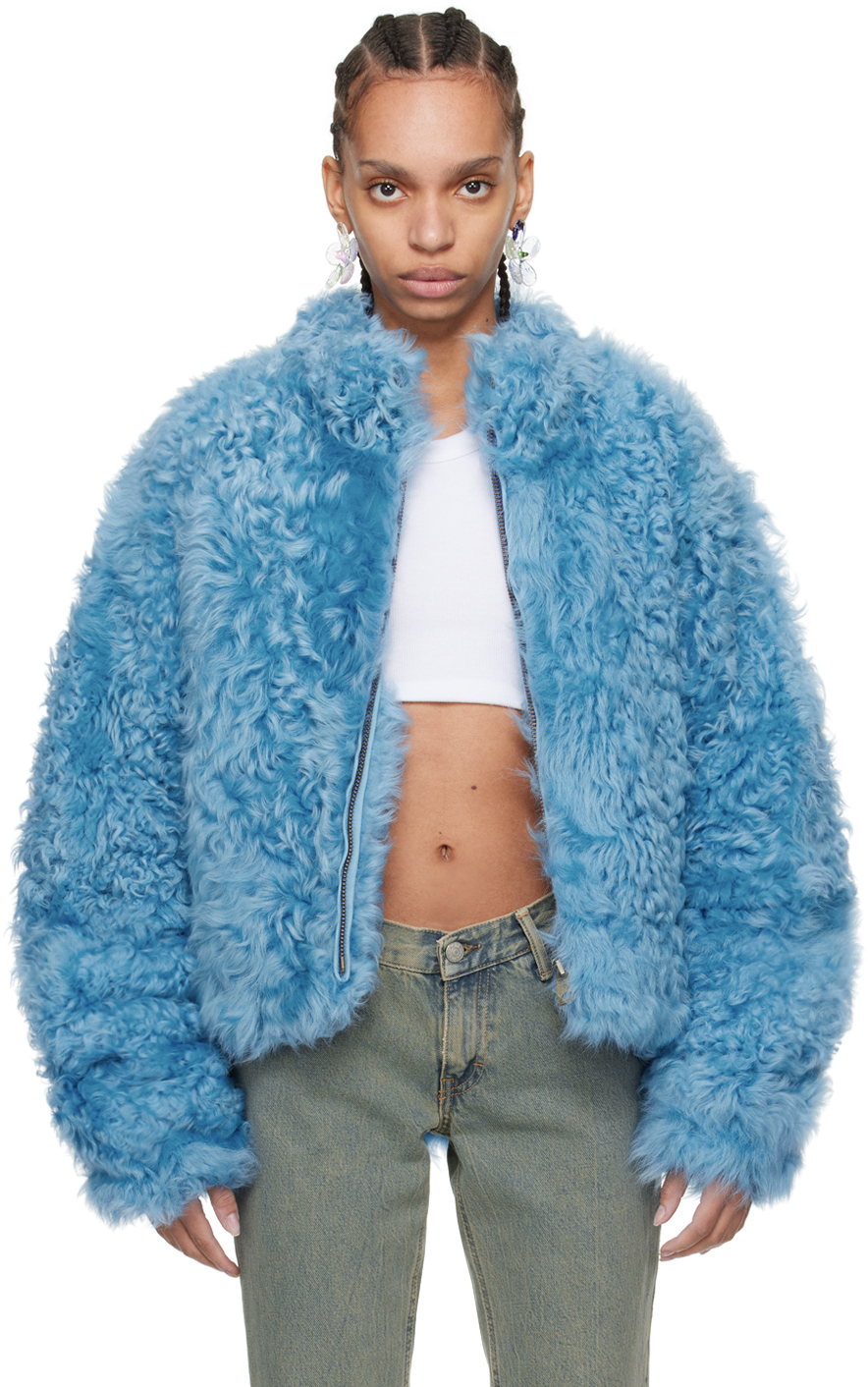 Shop Erl Blue Stand Collar Shearling Jacket In Blue 1