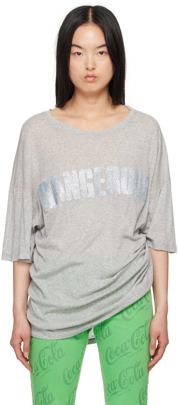 Shop Erl Gray 'dangerous' T-shirt In Heather Grey 1