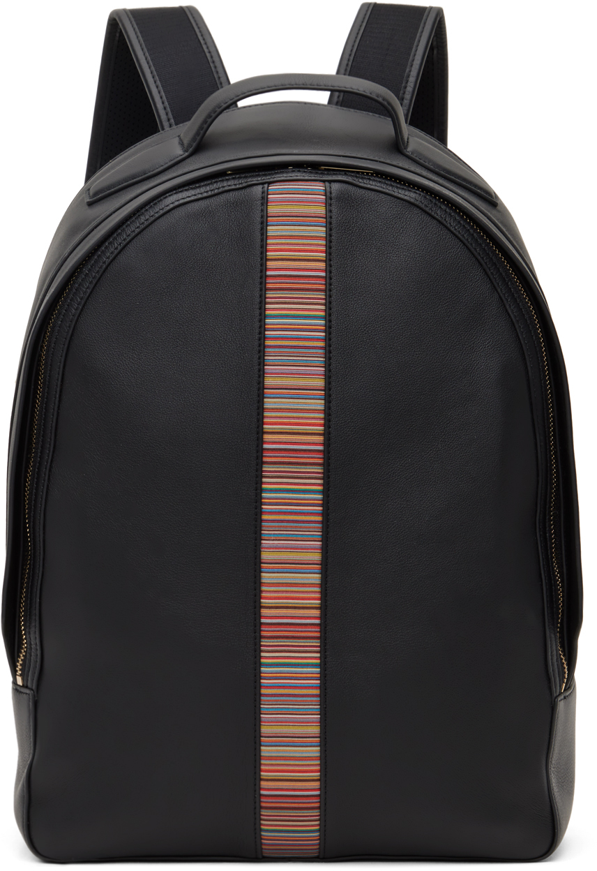 Black Leather Signature Stripe Backpack