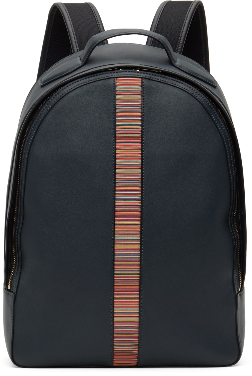 Navy Leather Signature Stripe Backpack