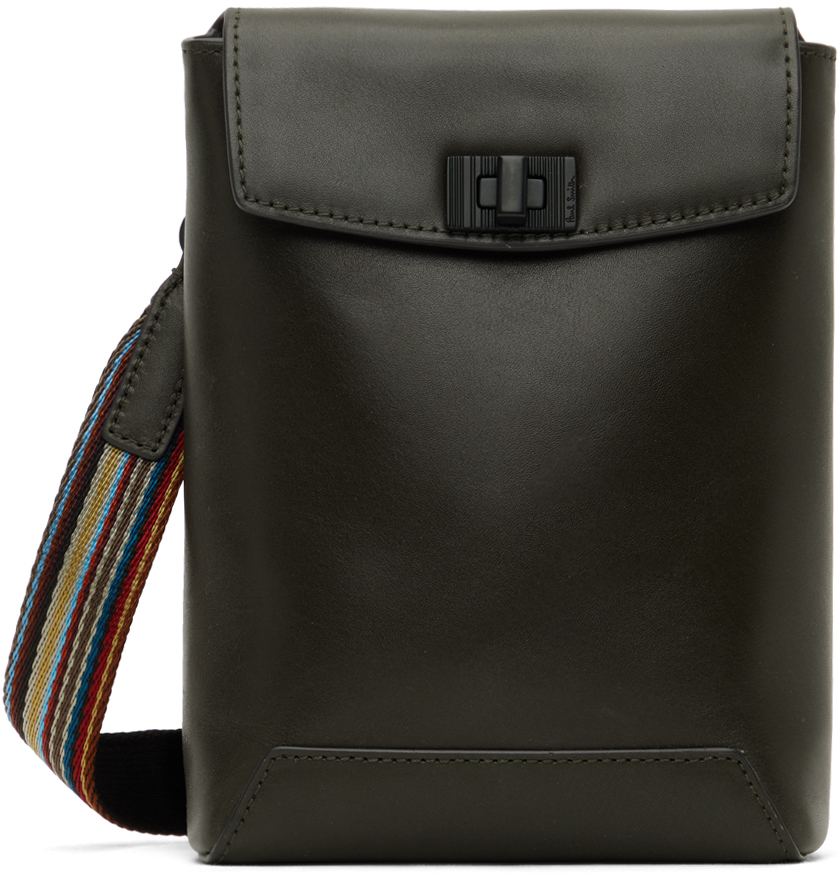 Paul Smith Green Leather Signature Stripe Phone Bag In Black