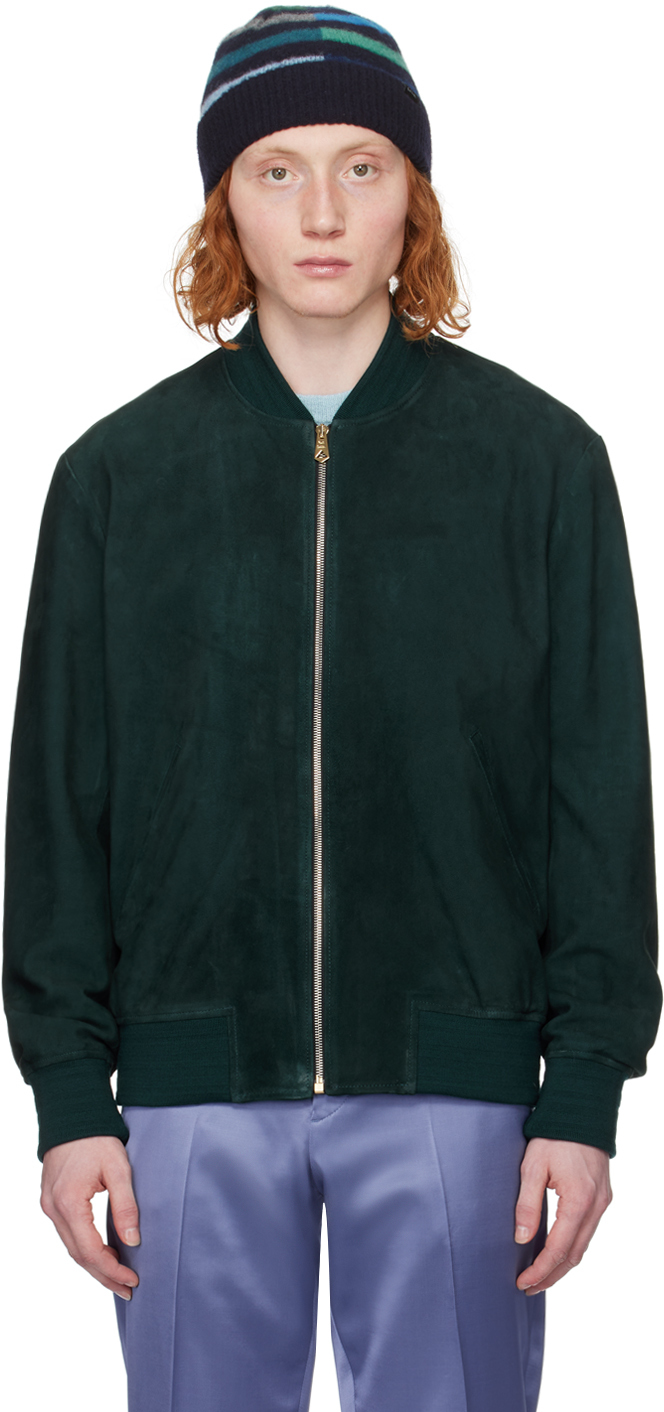 Shop Paul Smith Green Stand Collar Leather Jacket In 39a